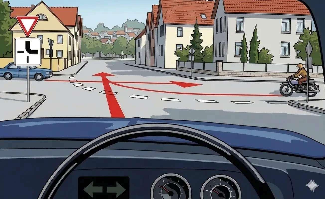 Driver's view at a junction with a yield sign, a blue car on the left and a motorcycle on the right
